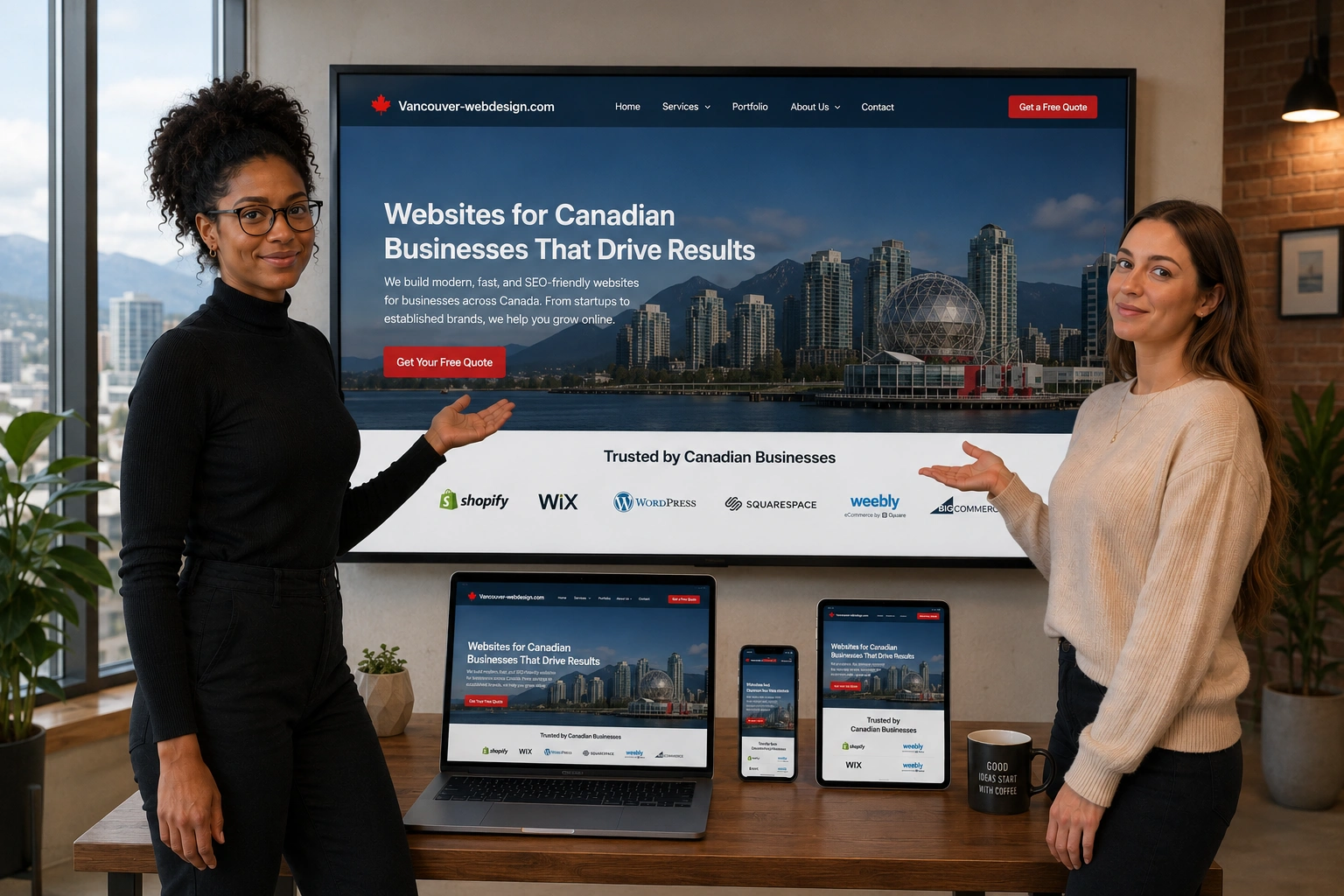 Vancouver web design shown on a large display, laptop, phone and tablet