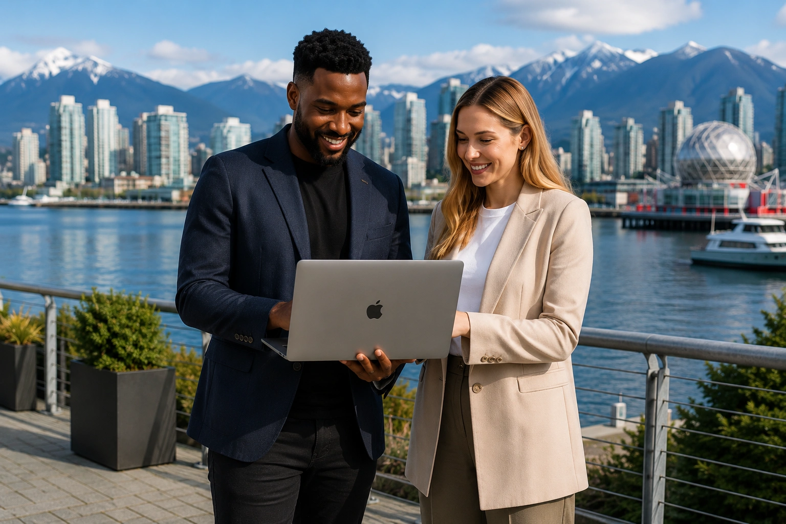 Vancouver web design consultants reviewing a website by the waterfront